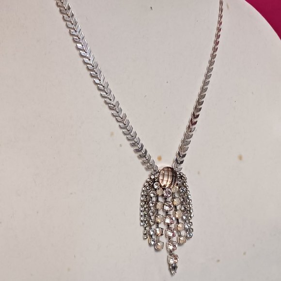 Express Silver Art Nouveau Statement Necklace with Crystal and Rhinestone Fringe - Picture 4 of 10